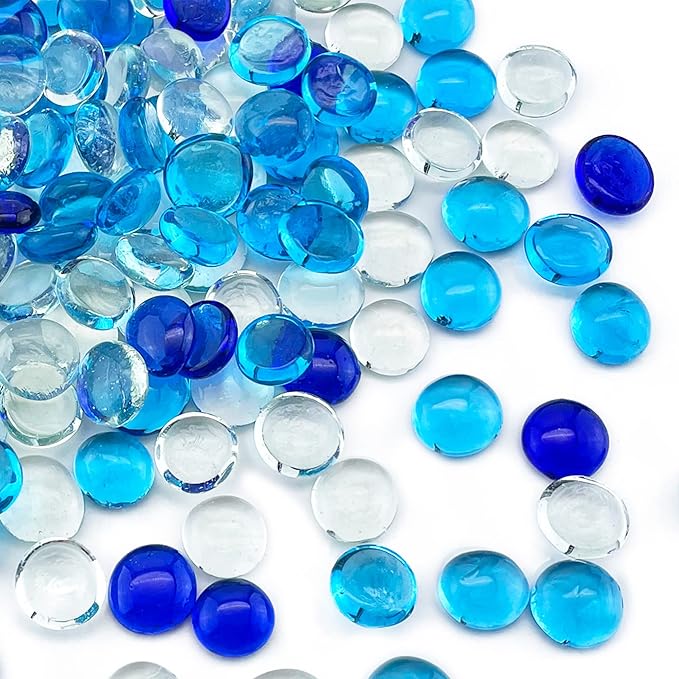 CYS EXCEL Blue Mix Glass Gemstone Beads Vase Fillers (1 LB) Flat Marble Beads Multiple Color Choices Aquarium Decor Rocks Floral Stones Decorative Mosaic Gem Pebbles (Approx. 85-100 PCS)