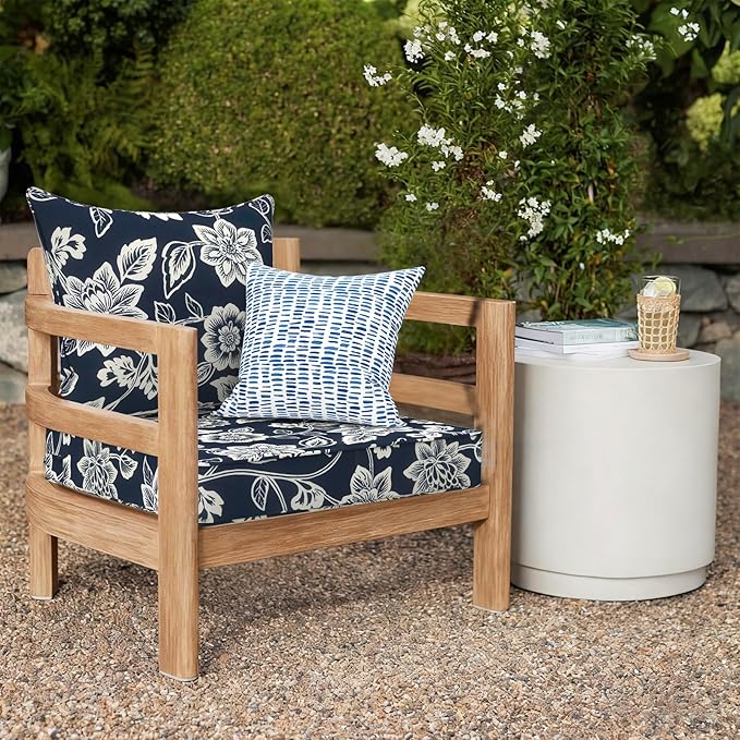 Outdoor Deep Seat Cushion Set, Water Repellent 24"x24" Patio Thick Cushions Replacement with Seat & Back Pillow for Patio Sofa, Wicker Chair, Couch - Vines Navy