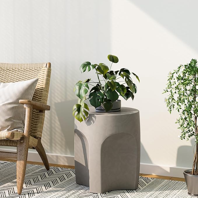 SUNBURY Outdoor Side Tables for Patio Set of 2, Concrete Accent End Table, Indoor Small Round Patio End Table, Garden Stools for Yard, Arch Shape Cement Color