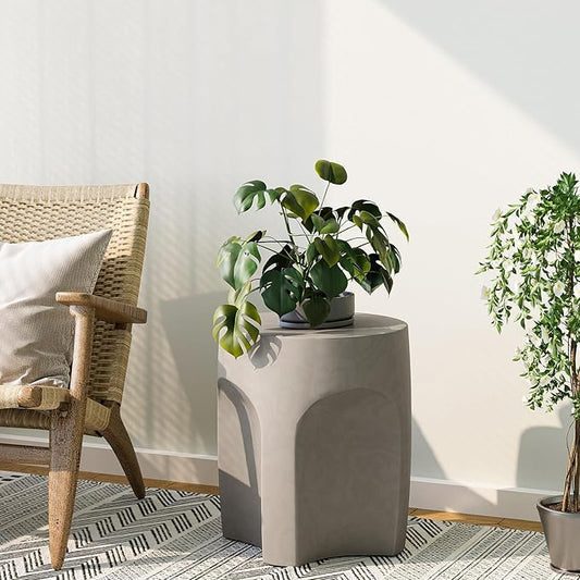 SUNBURY Outdoor Side Tables for Patio, 17" H Concrete Accent End Table, Indoor Small Round Patio End Table, Garden Stools for Yard, Arch Shape Cement Color