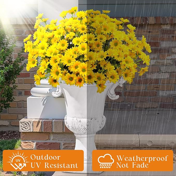 16 Bundles Silk Daisy Artificial Flowers for Outdoors UV Resistant Fake Daisies Plastic Plants Flower for Home Outside Front Door Porch Garden Patio Planters Decoration (Yellow)