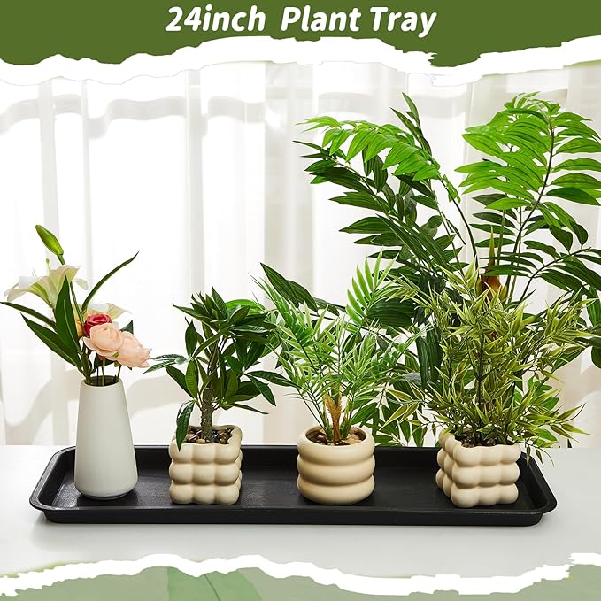 4 Pack Black 24 x 8.2 x 0.8 Inch Rectangle Plant Saucer Large Plastic Plant Tray Water Drip Trays for Windowsill Flower Pot Planter Drainage Germination Garden Outdoor Indoor Use