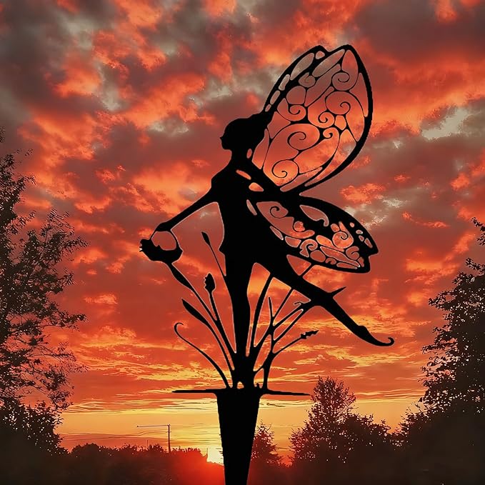 3-Piece Set Garden Fairy Metal Dancing Dandelion Flower Sculptures,Outdoor Decorative Stakes for Yard, Lawn, Flower Bed, Flower Pot (Style A)