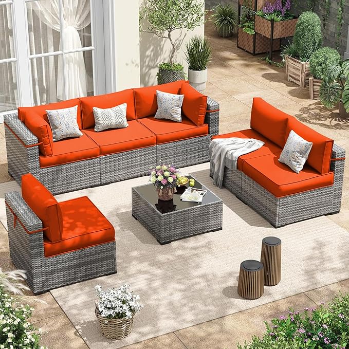 Patio Sectional Cushions, 14-Piece Replacement Cushions for Outdoor Furniture, Water-Resistant Outdoor Sofa Cushion for 6-Seat Rattan Wicker Sectional Conversation Sets (Orange)