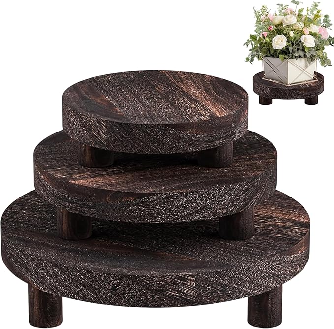 3 Pcs Wood Plant Stand Indoor Outdoor, Wooden Stool Display Stand 5/6/8" Round Riser Flower Pot Holder with Raised Edge Small Planter Tray Modern Potter Decorative for Garden Desktop Home Table Counter Room (Dark Brown)