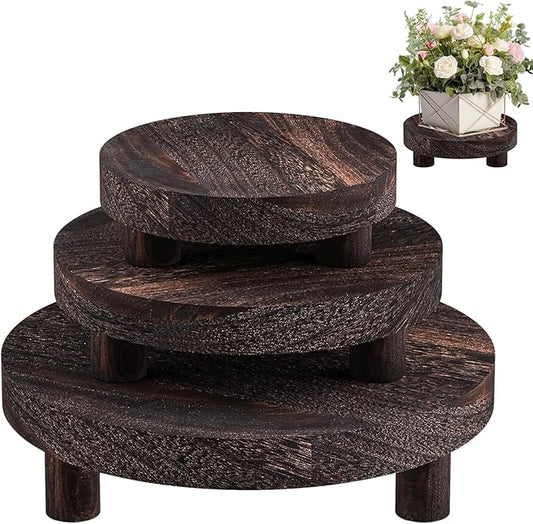 3 Pcs Wood Plant Stand Indoor Outdoor, Wooden Stool Display Stand 5/6/8" Round Riser Flower Pot Holder with Raised Edge Small Planter Tray Modern Potter Decorative for Garden Desktop Home Table Counter Room (Dark Brown)