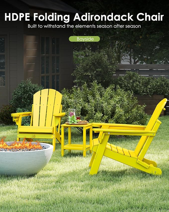 GREENVINES Folding-Adirondack-Chairs-Set-of-2 | HDPE Plastic | Fire Pit Chair | All Weather | Cup Holder | Yellow | for Deck Backyard Patio Outdoor Garden