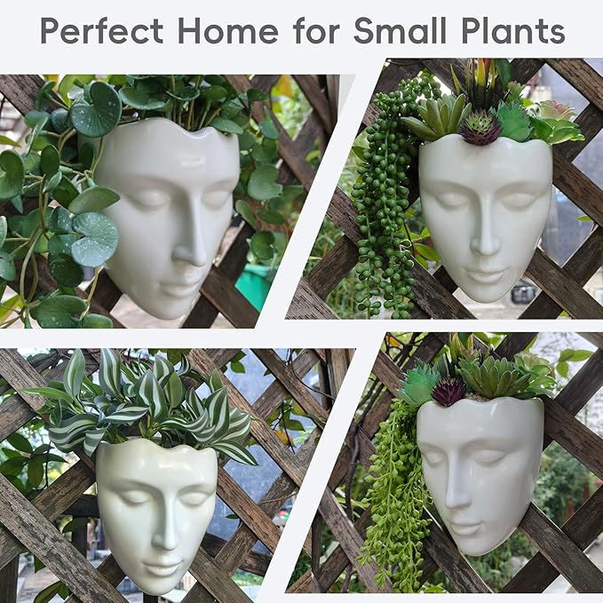 Ceramic Face Wall Planter, White Head Vase with Drainage Hole, Modern Art Indoor Outdoor Wall Mounted Succulent Planter, Elegant Home Garden Decor