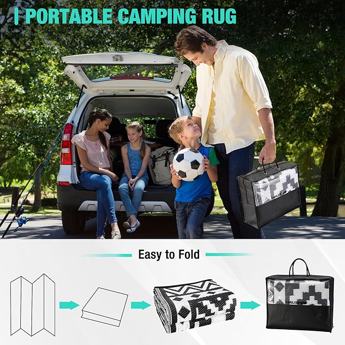 HAUSHOF 5'X8' Outdoor Rug Waterproof, Thickened Outdoor Plastic Straw Rug, Reversible Patio Rug with 4 Rug Stakes, Outdoor Carpet Mat for RV Trip, Camping, Beach, Deck, Porch, Balcony, Black&White