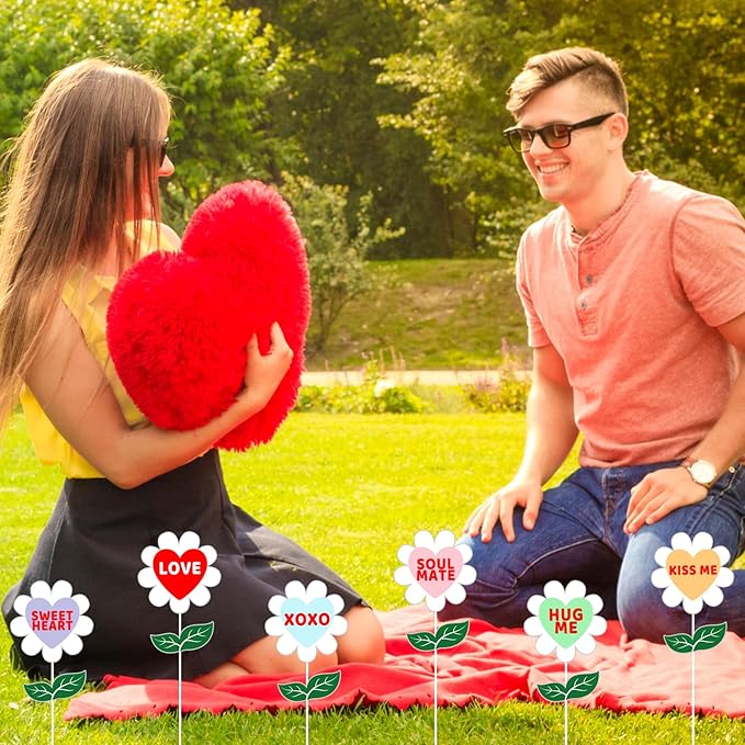 BreezeHug 6 Pcs 3.9 Inch Valentine's Day Heart Shaped Conversation Flower Stakes Outdoor Garden Planter Stakes Sign Valentine Flower Stick Pink Red Decorative for Anniversary Yard Patio(Colorful)