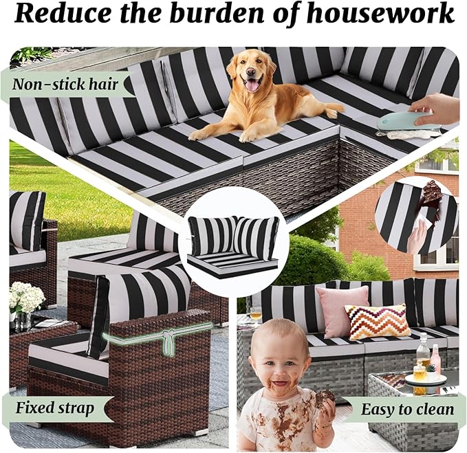 Outdoor Sectional Cushions Replacement Set, 26x26in Patio Furniture Cushions, 14 Pieces Waterproof Outdoor Couch Cushion for 6 Seat Wicker Conversation (Black and White Stripes)