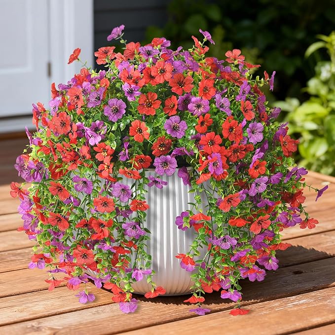Artificial Hanging Flowers for Outdoors Spring Decoration, 2PCS Silk Fake Daisy Realistic Fake Outdoor Flowers UV Resistant Porch Patio Window Yard Decor(Purple Red)