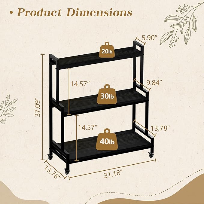 Flower Cart Display Stand with Wheels - Solid Wooden Plant Stand Shelf Outdoor - 3 Tier Patio Rolling Flower Stand - Ladder Folwer Holder Stand 37''x31'' for Florist, Garden, Wedding, Living Room, Black