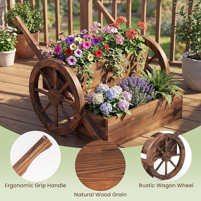 Giantex Wooden Wagon Planter Box, Rustic Garden Planter with Wheels, Handles & Drainage Holes for Flowers Herbs Vegetables, Indoor Outdoor Decorative Flower Cart for Patio Balcony (1)