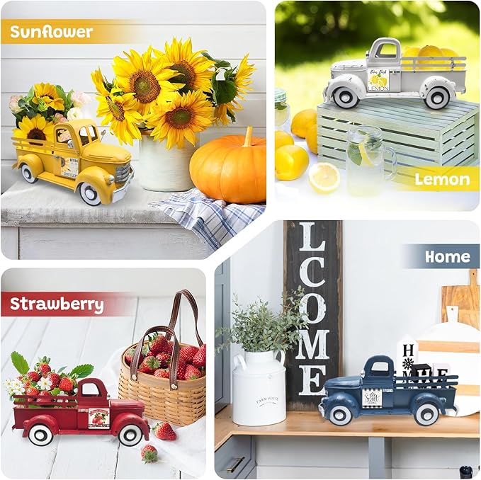 Easter Decorations 13.4 Inch Farmhouse Vintage Truck with 20 Magnets Interchangeable Seasonal Decor Rustic Metal Pickup Spring Holiday Easter Centerpieces for Tables Home Garden, Yellow