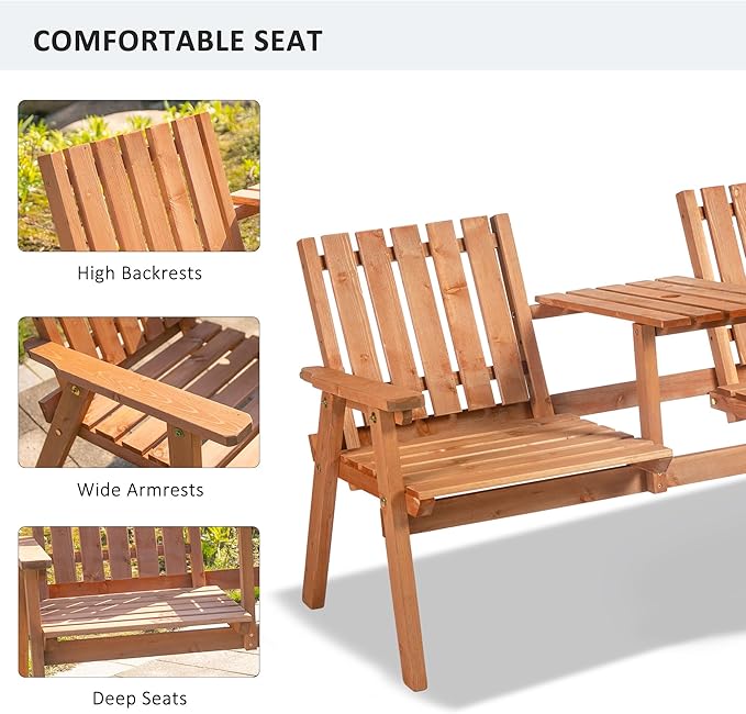Outsunny Patio Bench, Garden Bench with Middle Table and Umbrella Hole, Wooden Outdoor Bench for Patio, Porch, Poolside, Balcony, Orange