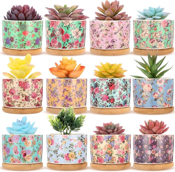12 Pack 3.14 Inch Ceramic Succulent Plant Pots Mini Flower Cylinder Pots with Drainage Hole and Bamboo Trays for Small Plants Flowers Cactus Home Office Decor(Chinoiserie)