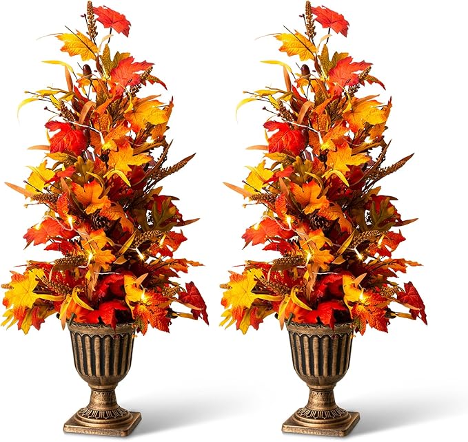 Glitzhome 2 Pcs Fall Maple Trees with Lights & Timer, 36''H Lighted Artificial Urn Potted Porch Tree with 20 Warm White LEDs, Decorative Fall Front Door Trees for Outdoor Indoor Porch Entryway
