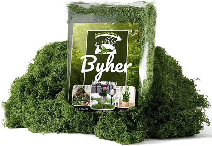 BYHER Fake Moss for Crafts – 3.5OZ Fluffy Cloudlike Artificial Moss for Potted Plant Indoor & Fairy Gardens – Realistic Green Moss Alternative for Terrariums, Dioramas, Model Scenes (Dark Green)