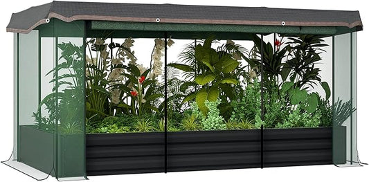 Outsunny 7.3 x 3.4 x 1 ft Galvanized Raised Garden Bed with Crop Cage Plant Protection Net and Shade Cloth Roof, Metal Planter Box with Cover for Vegetables, Flowers, Herbs, Dark Gray