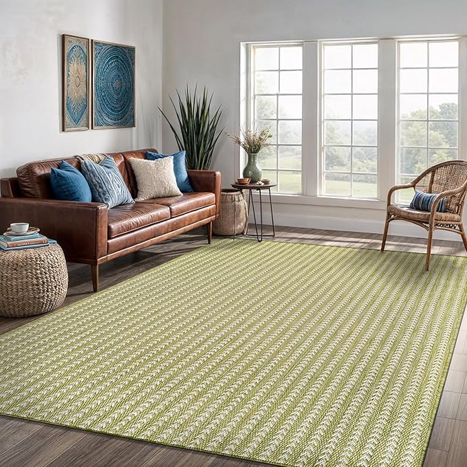 Washable Outdoor Rug 8x10 Modern Area Rugs Outdoor Carpets Striped Pattern Non Shedding Waterproof Easy Clean Patio Deck Porch Living Room Bedroom Garden RV (8 X 10 Olive)