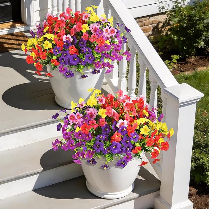 INQCMY Artificial Fake Petunias Flowers for Outdoors Spring Decoration, 12 Bundles Faux Plants UV Resistant Realistic Silk Flower for Outside Planters Patio Porch Yard Window Box (6 Mix Colors)