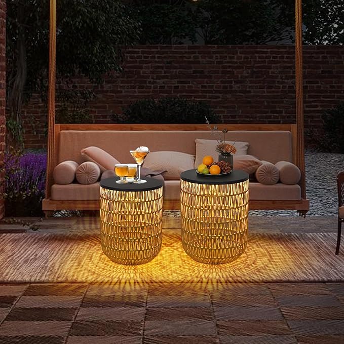 HMVPL Solar Outdoor Side Table Set of 2 with Dimmable Light, Round Patio Side Table for Outside, Outdoor End Accent Tables, Plastic Rattan Patio End Table for Poolside Backyard Gazebo, Dusk to Dawn