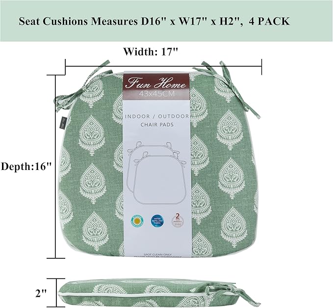 FUNHOME Outdoor Chair Cushions Set of 4, Water-Repellent Patio Seat Cushions D16xW17 Inch, All Weather Patio Chair Pads with Tie for Furniture Garden Home Office Decoration, Fair Green