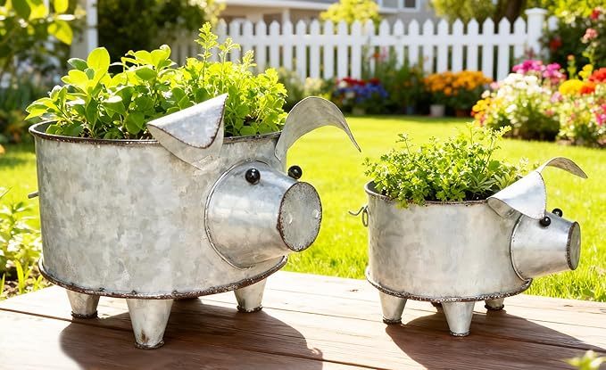 Galvanized Metal Pig Succulent Planter Farmhouse Pig Shaped Bowl Metal Pig Tray Rustic Decor Set of 2
