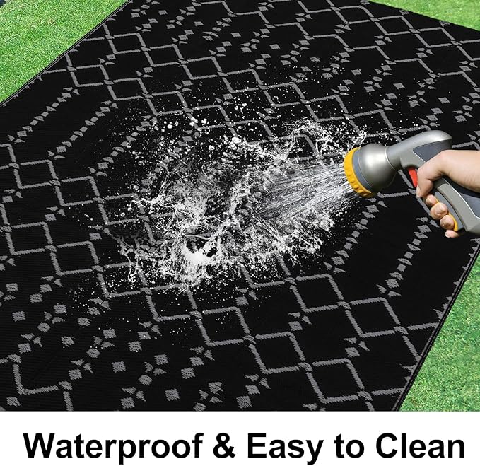 Smiry Outdoor Rug 8x10 ft, Waterproof Reversible Plastic Straw Rugs, Boho Outdoor Area Rug, Outside Floor Mat for Patio, Backyard, Deck, Picnic, Beach, Camping, Dark Grey