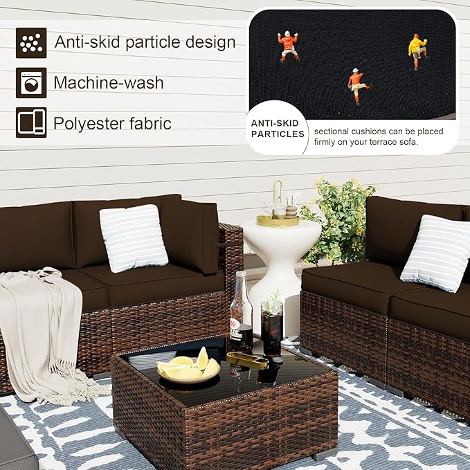 Patio Sectional Cushions, 14-Piece Replacement Cushions for Outdoor Furniture, Water-Resistant Outdoor Sofa Cushion for 6-Seat Rattan Wicker Sectional Conversation Sets (Coffee)