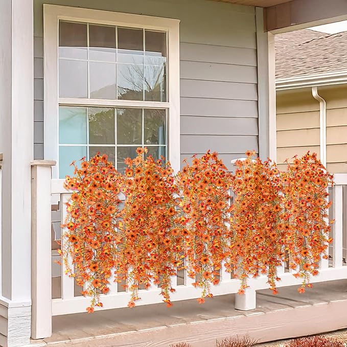 Artificial Fall Fake Flowers for Outdoor, 2 Pcs Fake Mums Faux Hanging Flowers Outdoor Fall Decor, UV Resistant Silk Flower for Front Door Porch Planters Patio Yard Garden(Orange Sunset Red)