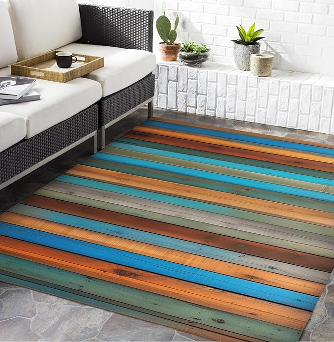 Teal Blue Brown Vintage Striped Old Wooden Plank Outdoor Rug 5x7 Wooden Board Waterproof Outdoor Area Rug for Garden Balcony Backyard Camping Porch Deck Carpet No Slip Washable Floor Mat Multicolor