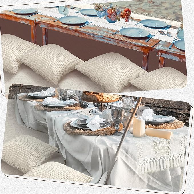 Extra Large Outdoor Boho Picnic Blanket 91'' x 71'' White Table Runner 6 Throw Pillow Cover Woven Cotton Yarn Oversize Beach Blanket Washable for Picnic Camp Wedding