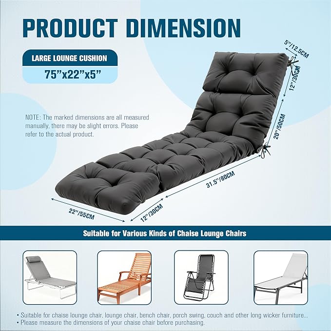 MTMR Chaise Lounge Chair Cushion Outdoor, Waterproof Seat Cushions for Patio Furniture, Non-Slip Outdoor Replacement Pad for Lawn Pool Wicker Couch Loveseat, Thick Long Lounge Cushion, Dark Grey