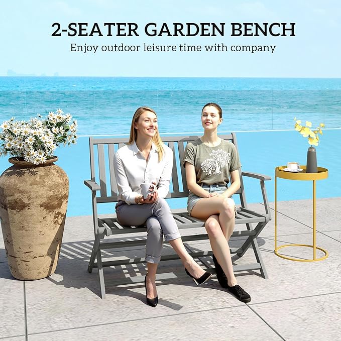 Outsunny Wood Outdoor Bench, 2-Person Foldable Patio Acacia Wood Garden Bench with Backrest and Armrests for Garden, Porch, Park, Balcony, Gray