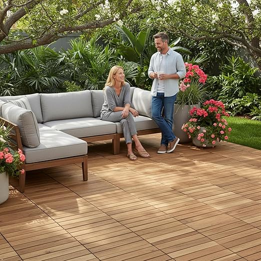 Acacia Wood Flooring Interlocking Deck Tiles for Patio Decor 27 Pcs 12 Slats VR White Oak - Waterproof Indoor & Outdoor Decor - Balcony Garden Decking Tile (12.2 * 12.2 * 0.7 inches)