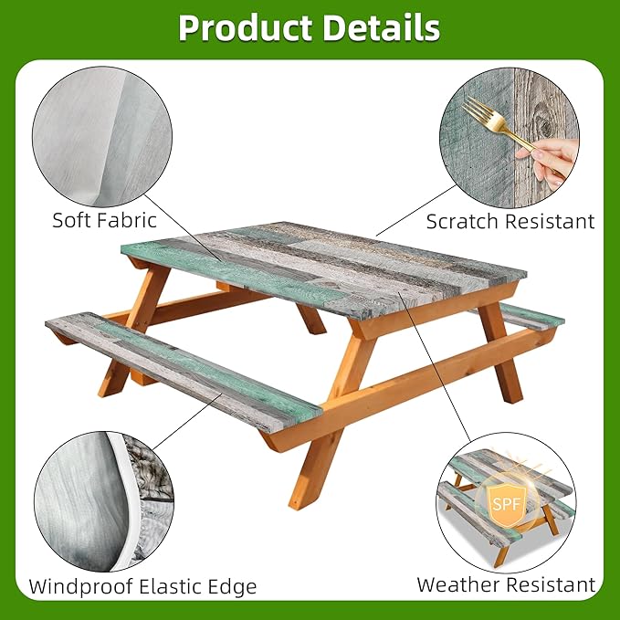 Picnic Table Cover with Bench Covers Farmhouse Waterproof Windproof Fitted Outdoor Tablecloth with Elastic Rectangle Table Cloth Camping Must Haves Rv Accessories,72x30 Inch (Wood Green)