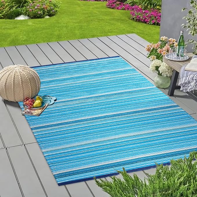 Reversible Outdoor/Indoor Plastic Rug Plastic Straw Rug Waterproof Portable Mat, Easy to Clean and Fold,Perfect for Garden, Patio, Picnic, Decking-（Blue，8x10Ft）