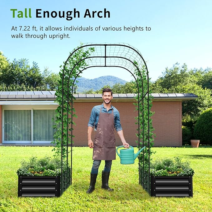 DoCred 3 in 1 Raised Garden Bed with 87in Tall Arch Trellis for Climbing Plants, Galvanized Planter Garden Box Outdoor for Gardening, Climbing Vegetables, Flower, Black