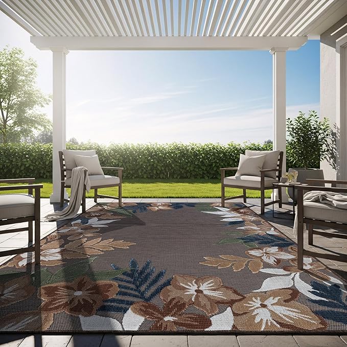 Outdoor Rug 8x10 Washable Area Rugs Indoor Outdoor Carpets Brown Border Floral Non Shedding Waterproof Easy Clean Patio Deck Porch Living Room Bedroom Garden RV (8 X 10 Brown)