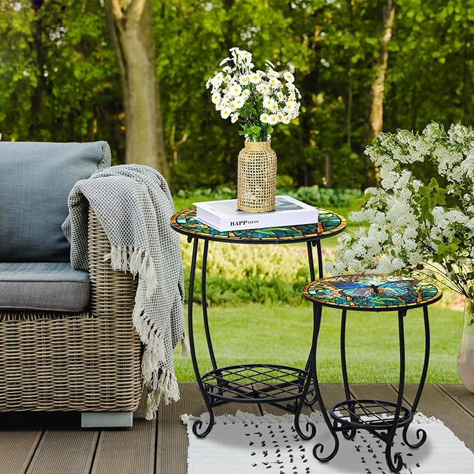 2 Pcs Outdoor Side Table Small Patio Round Mosaic Accent Indoor End Table Plant Metal Coffee Tea Tables for Patio Yard Porch Garden Living Room(12" and 16",Butterfly Style)