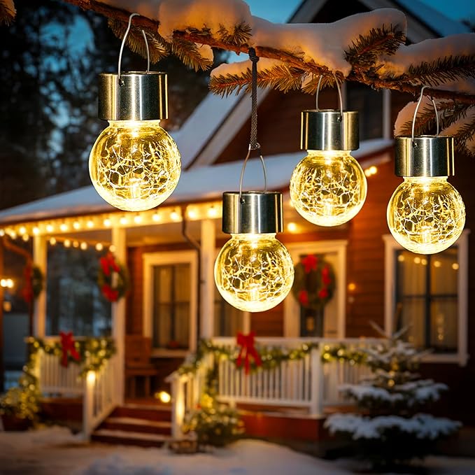 GIGALUMI Solar Lights Outdoor Waterproof ,12 Pack Solar Hanging Lights Garden Decor,Gifts for Women Mom Grandma,Solar Outdoor Lights Lantern Cracked Glass for Yard, Fence, Tree(Warm White)