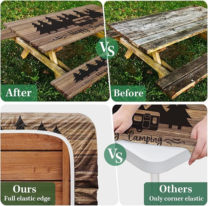 Picnic Table Cover with Bench Covers Elastic Edges, Wooden Camper Fitted Table Cover, Outdoor Patio Camping Essentials 72 Inch 3PCS, Waterproof Camping Fitted Tablecloth with Drawstring Bag