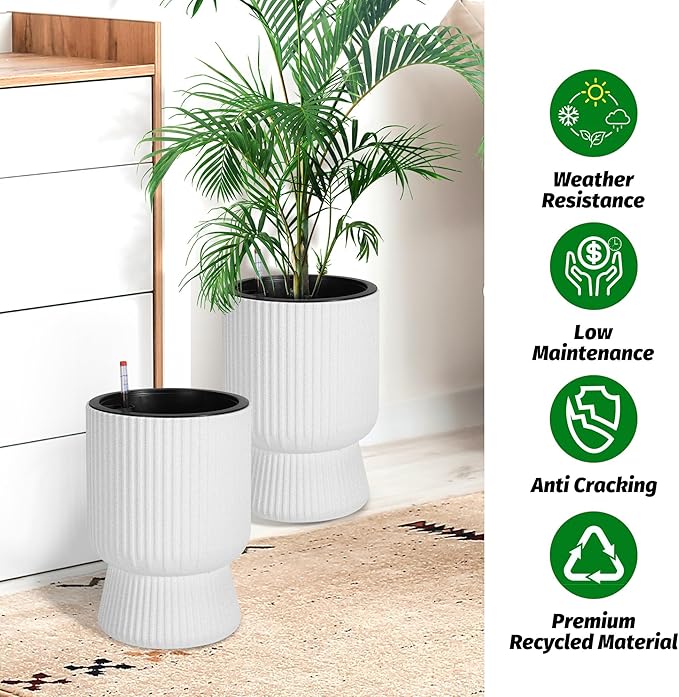 14.2" Tall Planters Set of 2, Large Indoor/Outdoor Self-Watering Plant Pots with Drainage, Water Level Monitor & Wheels, Flower Pots for Patio, Porch, Living Room, Home Office