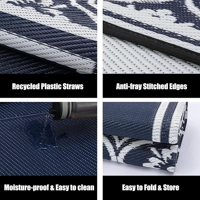 HUGEAR Outdoor Patio Rug 3'x5' Waterproof Outside Area Rugs Blue Reversible Plastic Straw Carpet for RV Deck Camping Entryance Porch Picnic Balcony Beach
