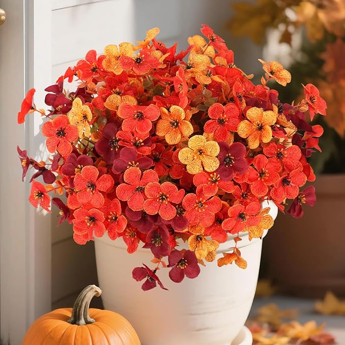 Artificial Fall Mums Flowers Plants for Outdoor Decoration, 12 Bundles Fake Faux Silk Orange UV Resistant Look Real for Autumn Front Door Porch Planter Patio Garden Home (12Pcs Orange Begonia)