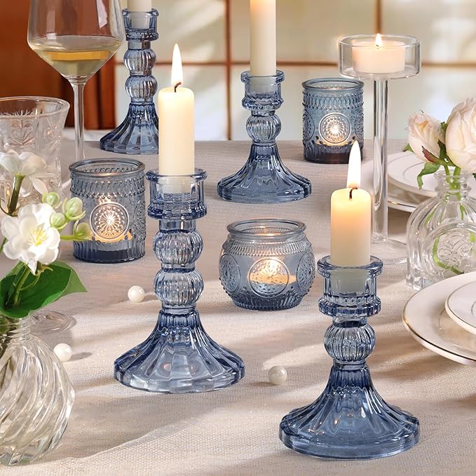 DARJEN 6Pcs Blue Candlestick Holders Set - 4" H & 5" H Striped Taper Candle Holders Bulk, Glass Candle Holders for Wedding, Festival, Party, Table Centerpiece, Gifts
