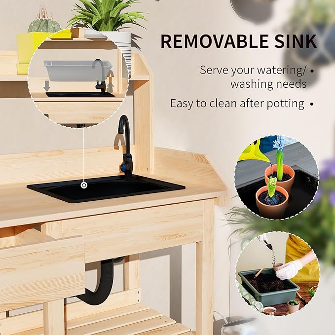 Outsunny Potting Bench Table, Outdoor Garden Table Wooden Work Station with Removable Sink, Faucet, Drawer, Shelves, Hooks, Natural Wood