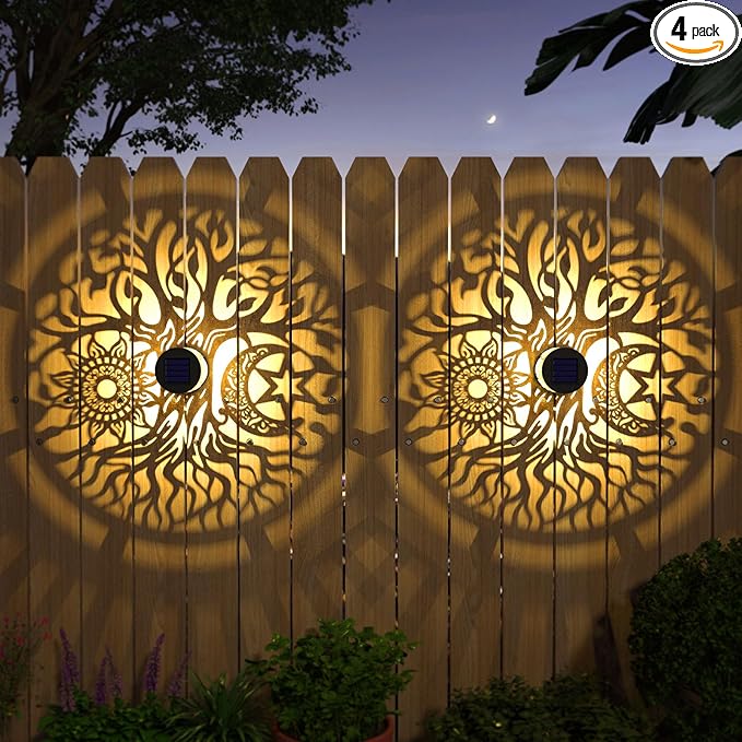 4 Pack Solar Fence Lights Metal Solar Powered Outdoor Wall Deck Step Lights Tree Theme Waterproof Fence Light for Garden Post Patio Backyard Yard Decor (Tree, 4 Pack)